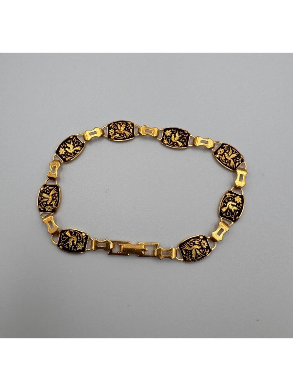 Vintage Damascene Style Bird Bracelet Black Enamel Gold Tone 7.5” Unsigned